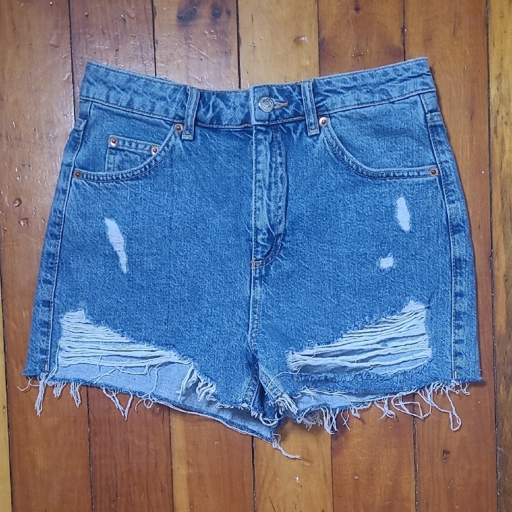 Topshop Blue Distressed Jean Shorts with Frayed Hem